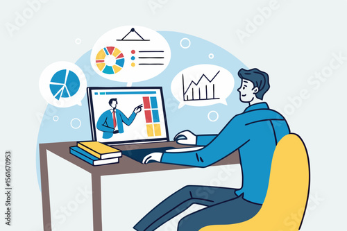 Online study learning course or internet education webinar, remote e-learning, teaching online or exam, test, knowledge wisdom concept, young man study online course on computer laptop at home
