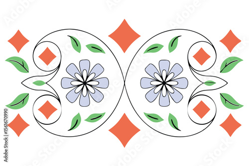Symmetrical geometric floral patterns with repeating bloom motifs