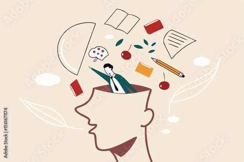 
Declutter your mind, clear your brain to regain focus improve creative thinking ability, free up memory concept, ambitious businessman declutter, clean and clear all messy anxiety from his big head.