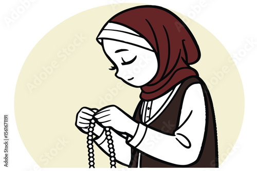 Young woman gracefully holding and counting islamic prayer beads with devotion
