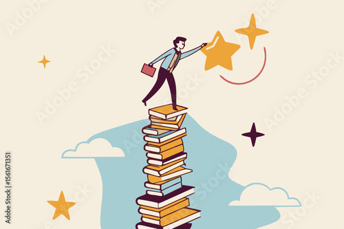 Flat illustration of smart businessman climb stack of books and reach star learning career success study knowledge education for business