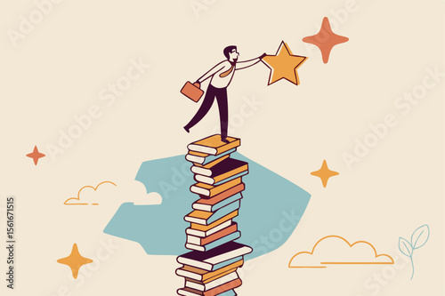 Flat illustration of smart businessman climb stack of books and reach star learning career success study knowledge education for business