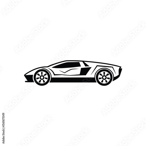 Sleek Sports Car Silhouette: A minimalist black and white depiction of a high-performance sports car, embodying speed, style, and the allure of the open road.