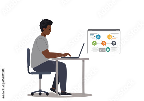 Black professional intently works on a laptop displaying a test flow diagram Modern workspace focused digital workflow  Clean professional aesthetic