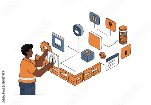 diverse professional adjusts digital security settings building a layered protection system with icons Modern isometric illustration Focus on control and safety