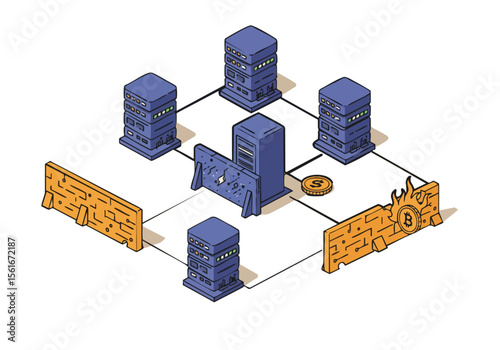 Isometric illustration depicting secure data center network with firewalls and a Bitcoin symbol  Modern digital and visually engaging for tech-related projects