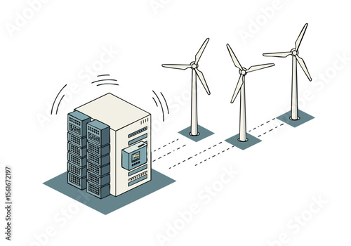 Isometric illustration depicts data center connected to wind turbines for backup power Clean modern design with a focus on renewable energy and technology S