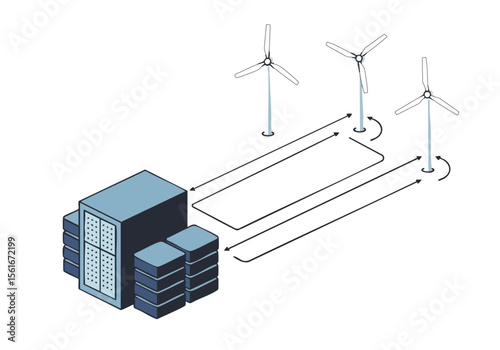 Isometric illustration depicting wind turbines connected to data center via a cable Modern clean design showcasing renewable energy and technology Suitable for business and sustainability themes