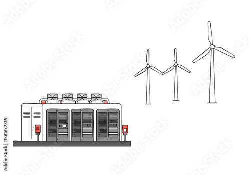 Modern datcenter with wind turbines providing backup power Clean graphic illustration Suitable for technology and sustainability concepts
