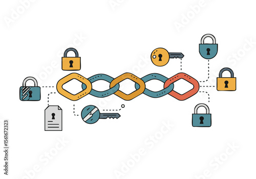 modern flat-design illustration showcasing security and protection through interconnected chains and locks Clean lines and vibrant colors create a visually appealing and professional graphic