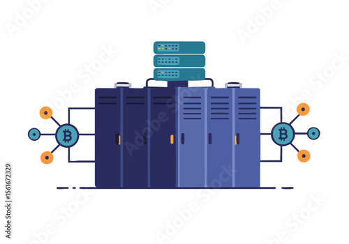 Modern illustration depicting blockchain network with servers and Bitcoin icons Clean digital style ideal for tech and finance visuals