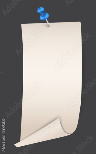 Realistic curled paper sheet pinned with a blue push pin, perfect for reminders, notes, memos, or UI/UX design elements.