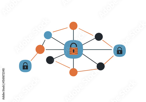 modern graphic illustration depicts a secure network protected by multiple locks It showcases data security and backup concepts with a clean geometric style Ideal for technology and business visuals
