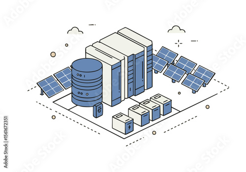 Modern illustration depicts battery solar system with solar panels and storage Clean geometric design showcases sustainable energy Ideal for business and technology visuals