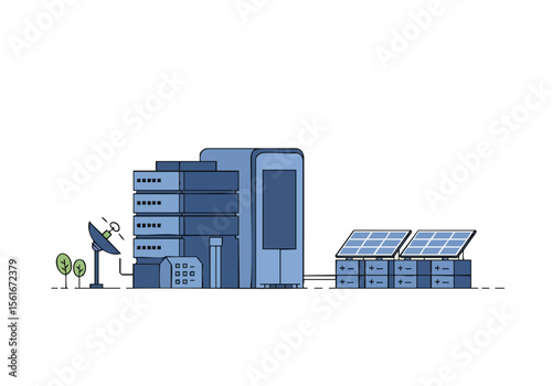 Modern illustration depicts building with solar panels and battery storage Clean lines pastel colors and a minimalist style create a visually appealing and informative design