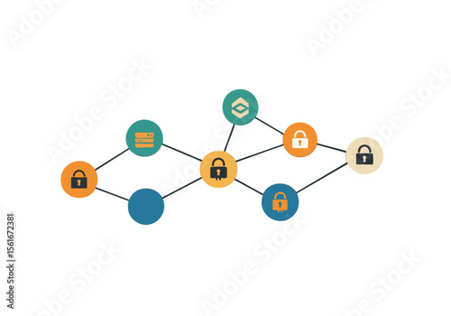 Modern network illustration featuring interconnected locks and datnodes Clean geometric design with a pastel color palette Ideal for technology security and business concepts