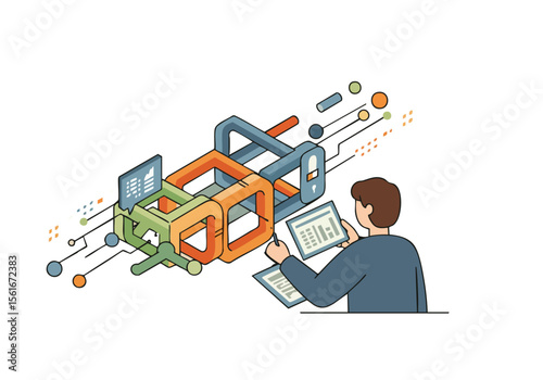 modern illustration depicts a man analyzing data with a tablet overseeing a complex network of interconnected blocks It showcases digital protection and strategic oversight Clean geometric style