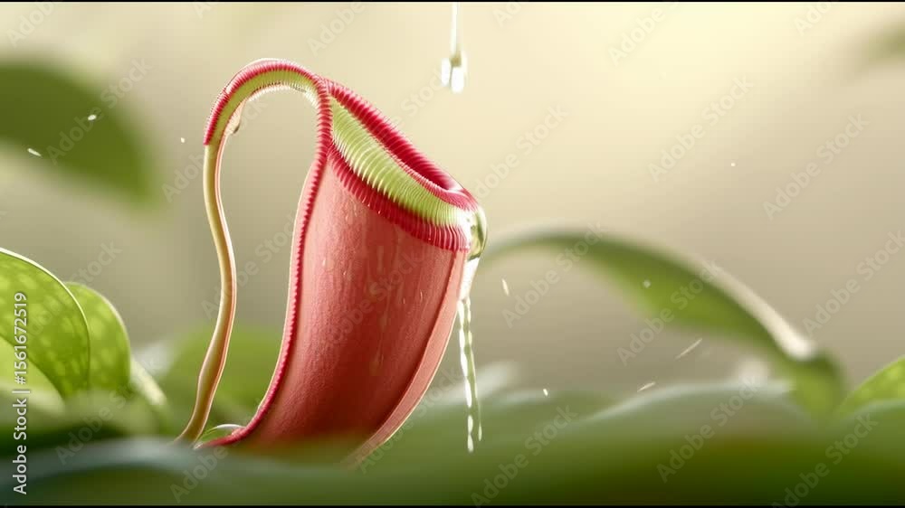 A close-up view of a vibrant pitcher plant with a curved, red tubular structure surrounded by green foliage.