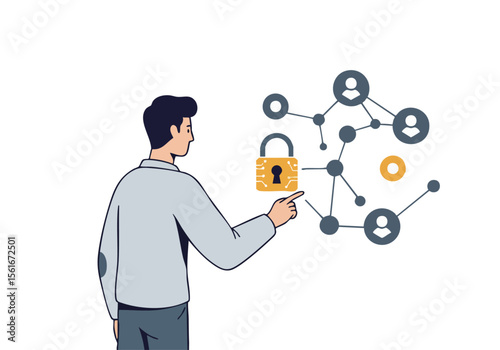 professional man oversees a network connection symbolizing security and connection Modern illustration style with a padlock icon and interconnected figures Clean digital design
