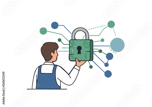 professional oversees a network security system symbolizing digital protection Modern illustration with interconnected nodes and a lock icon Clean teal and gray color palette