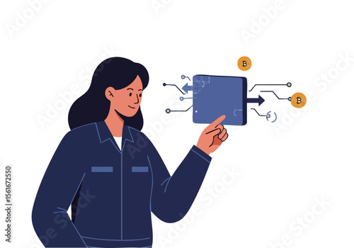 professional woman interacts with a digital circuit board displaying cryptocurrency icons She-s focused and confident promoting maintain and protect Modern flat design