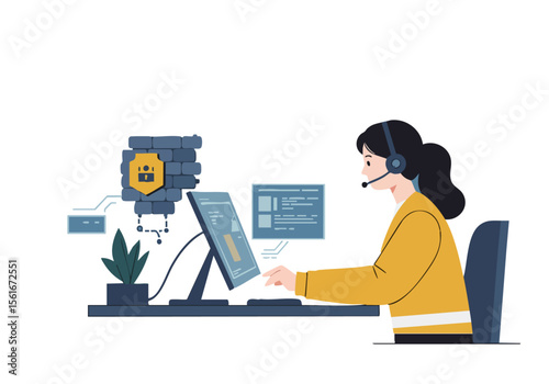 professional woman monitors network security with a headset overseeing digital data flow Modern tech-focused illustration
