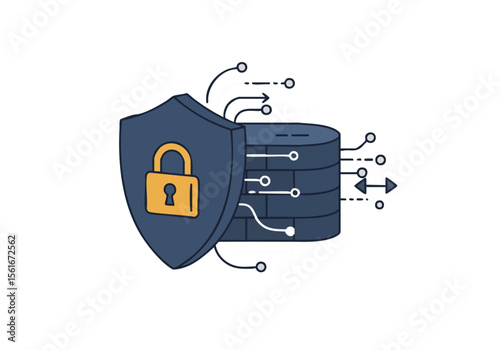 stylized graphic depicts a firewall protecting data flow It-s a modern blue and gray illustration with a lock and circuit board elements conveying security and digital protection 