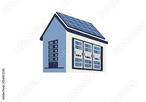 stylized illustration depicts a modern house with a solar panel roof and server racks Clean blue and white design Ideal for technology sustainability and energy concepts