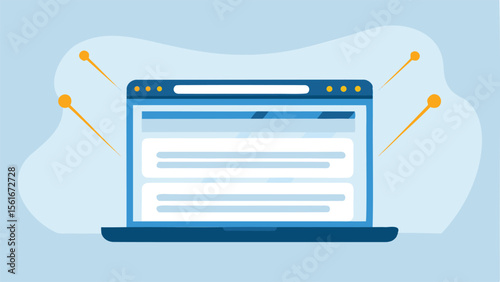 Laptop displaying a website layout with lines and dots on a light blue and white background art work