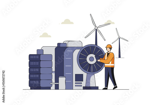 technician oversees wind turbines and a power generator Modern illustration with a focus on renewable energy Clean professional design