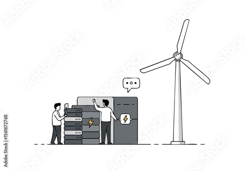 Two technicians monitor server rack next to a wind turbine A chat bubble suggests data transmission Modern clean illustration