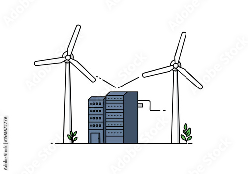 Wind turbines power modern city skyline Clean energy illustration showcasing sustainable technology and a bright optimistic future Ideal for environmental and tech-related visuals