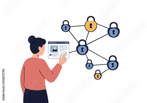 woman analyzes network security with a digital tablet Secure locks connect to her profile illustrating data protection Modern professional and visually engaging