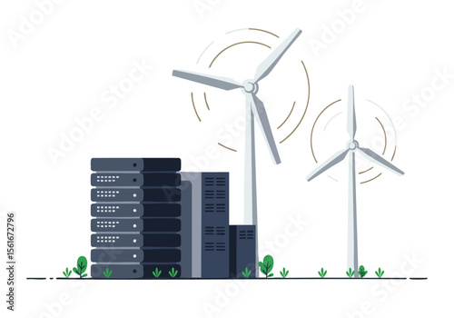 Wind turbines power data center symbolizing sustainable energy and technological advancement Clean modern illustration with a green landscape