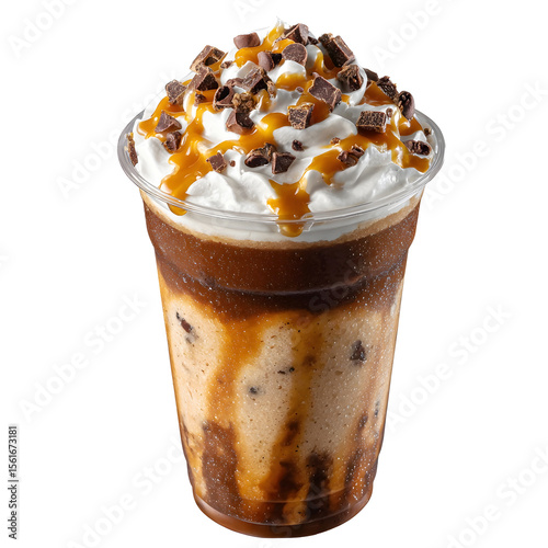 Delicious caramel frappuccino coffee drink with whipped cream and chocolate chunks isolated on white background