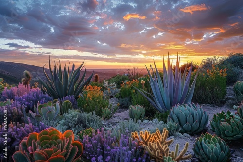 Sunset over a garden filled with cacti, succulents, and flowering plants. A mountainous landscape is visible in the background.