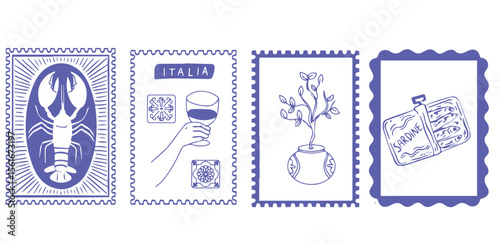 Summer Italy stamp seamless pattern. Italian postcard with lemon lobster boat. Amalfi beach background. Sea vintage print. Italy summer bg. Post stamp 
