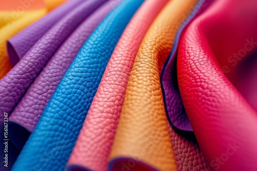 Close-up of colorful textured leather swatches, arranged in a layered, slightly curled composition. Bright, vibrant hues and intricate surface details.