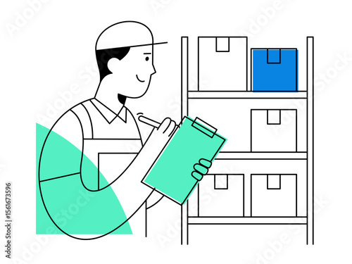 A smiling warehouse worker performs inventory check with clipboard, managing storage boxes on shelves for efficient logistics and organization