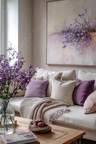 Cozy living room with purple accents
