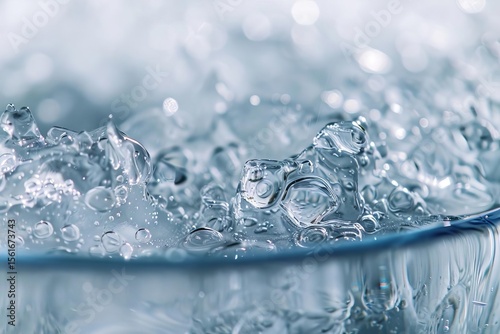 Close-up shot of water and bubbles in a glass container with a light blue and white color scheme and bokeh background.