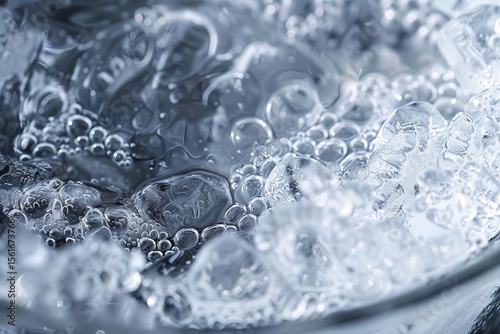 Close-up of ice cubes and bubbles in a liquid. The colors are predominantly blue and white, with shallow depth of field.