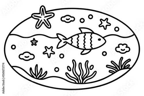 Drawing of fish in water and glass, with fishing and seafood icons for marine illustration