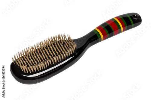 Bristle hairbrush with striped handle, isolated, cut out transparent