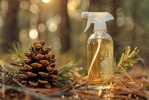 Close-up shot of pine cone and clear spray bottle with liquid on pine needles and twigs, with a blurred forest backdrop.