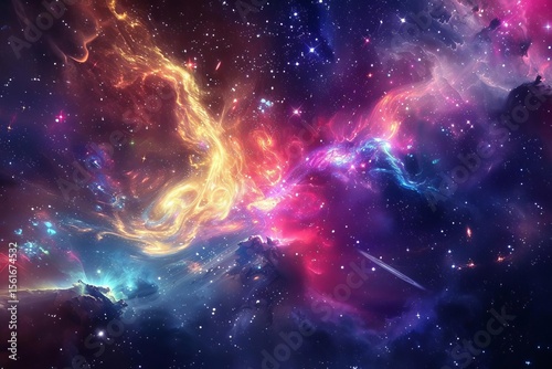 Colorful nebulae and numerous stars fill the frame, showcasing a vibrant and detailed illustration of outer space.