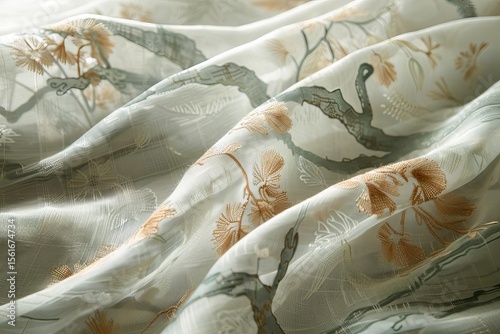 Close-up of draped fabric featuring embroidered branch and floral designs in shades of grey, beige, and white.