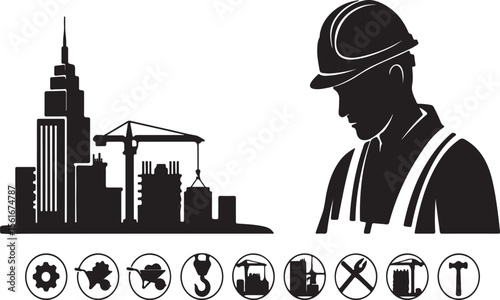 Construction worker silhouette with city skyline and equipment icons