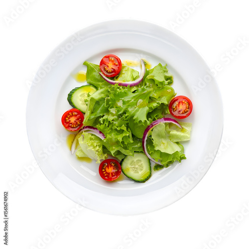 Wallpaper Mural Fresh Green Salad with Cherry Tomatoes Cucumber Red Onion and Light Dressing on White Plate Overhead View Torontodigital.ca