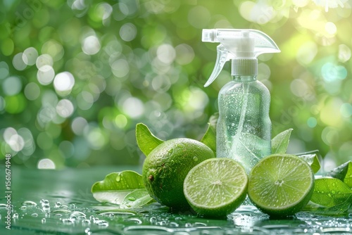 Lime fruits, leaves, and a spray bottle are displayed against a blurred green background with bokeh effects and light leaks.